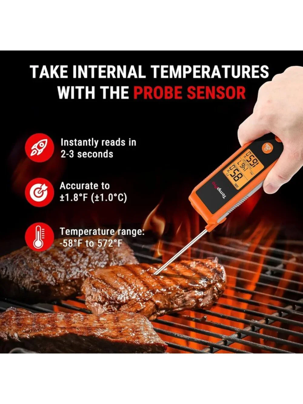 2-in-1 Instant Read Cooking Thermometer - Infrared & Meat Probe, Non-Contact